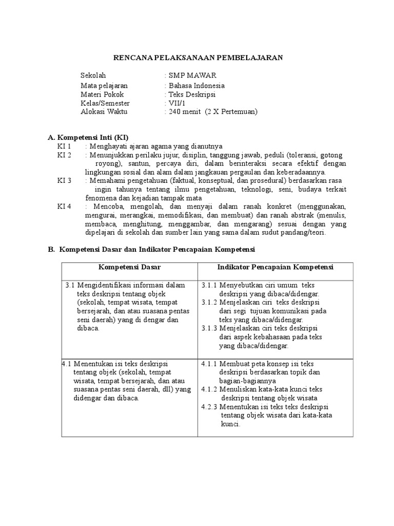 Rpp 3 1 4 2 Smp Teks Deskripsi Ok Pdf