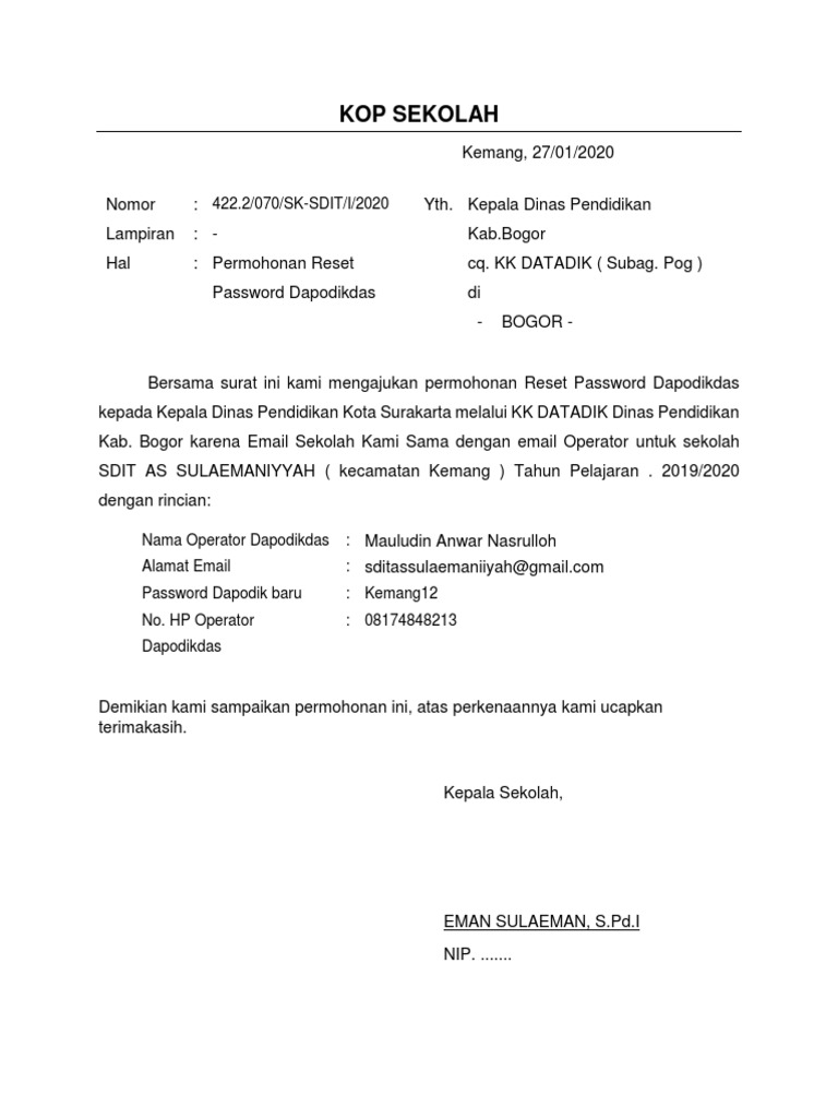Surat Permohonan Reset Akun Dapodik