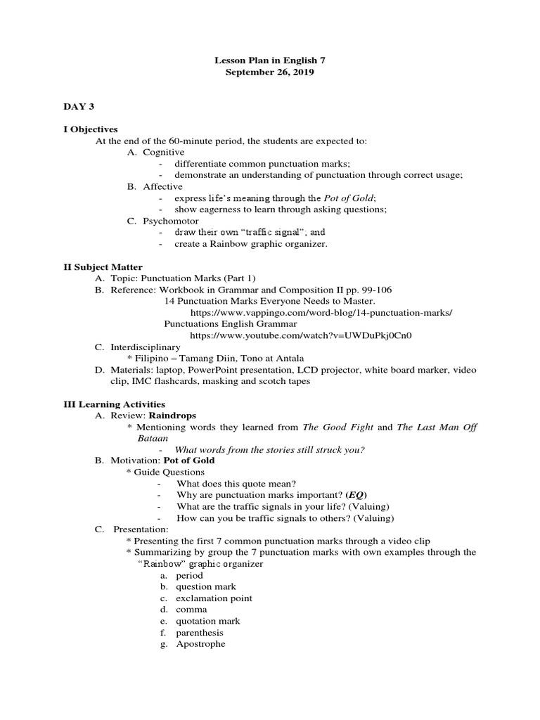 Punctuation Marks Lesson Plan by Patricia Leigh Gonzales | PDF ...