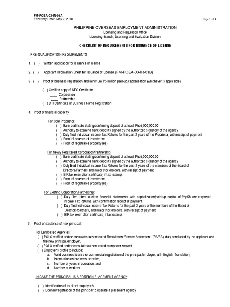 POEA License Requirements Checklist | PDF | Employment | Recruitment