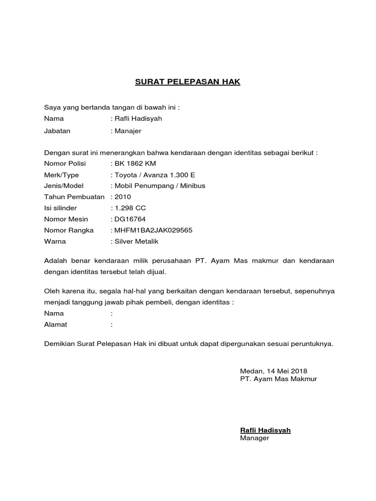 Surat Pelepasan Hak Milik Kendaraan