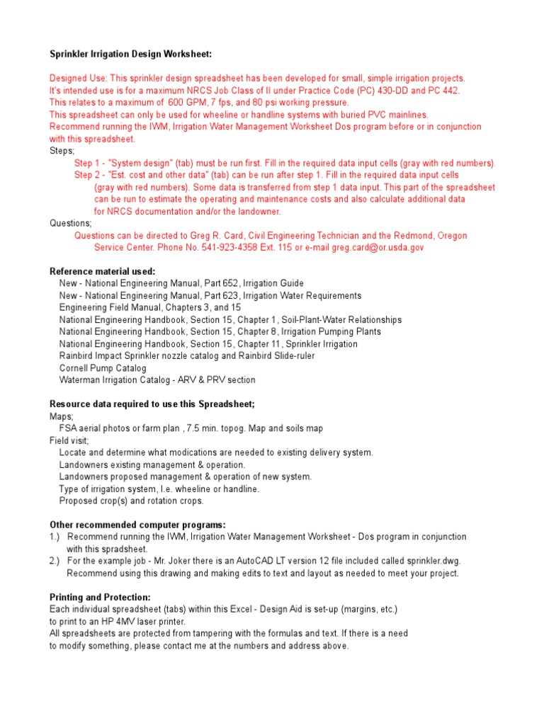 Sprinkler Irrigation Design Worksheet | PDF | Horsepower | Irrigation