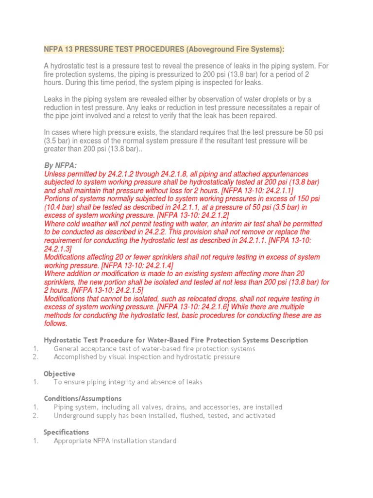 NFPA 13 PRESSURE TEST PROCEDURES (Fire Pro) PDF Fire Sprinkler