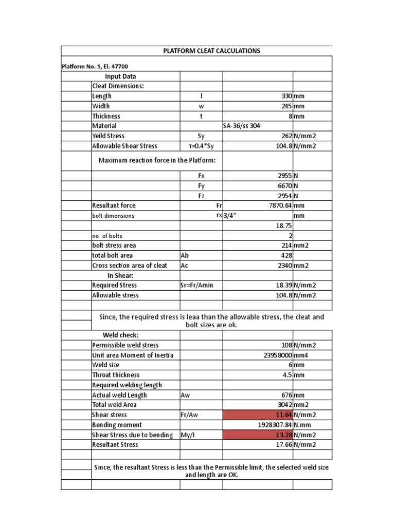 Vessel Cleat Support Design Calculations | PDF | Bending | Stress ...
