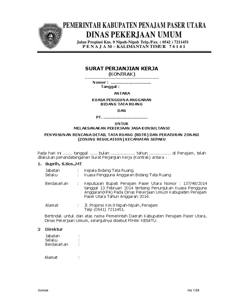 Surat Perjanjian Kerja RDTR (Kontrak) | PDF