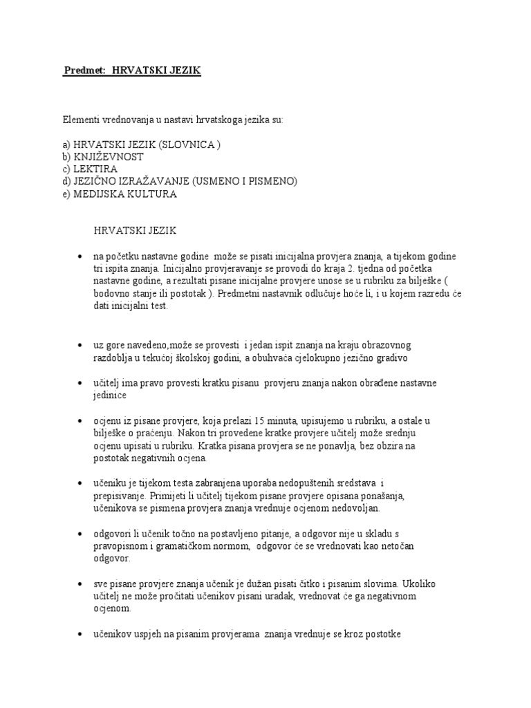 Elementi I Kriteriji Ocjenjivanja Iz Hrvatskog Jezika | PDF