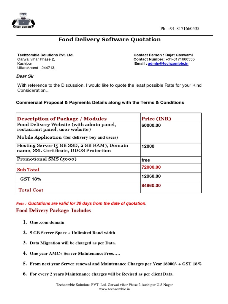 Food Delivery Software Quotation | PDF | Mobile App | Web Application