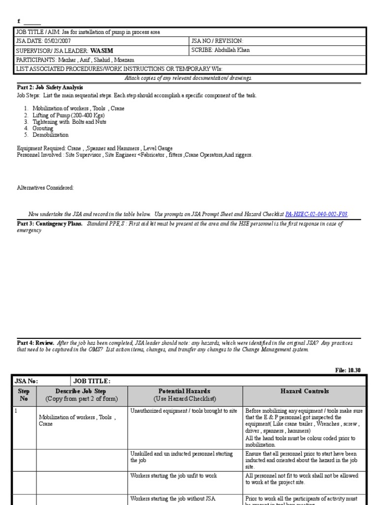 JSA Installation of Pumps | PDF | Personal Protective Equipment | Safety