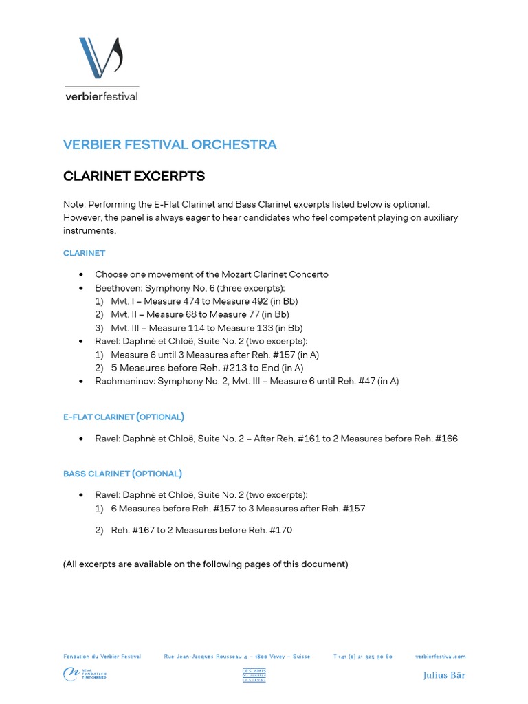 Verbier Festival Orchestra Clarinet Audition Excerpts | PDF ...