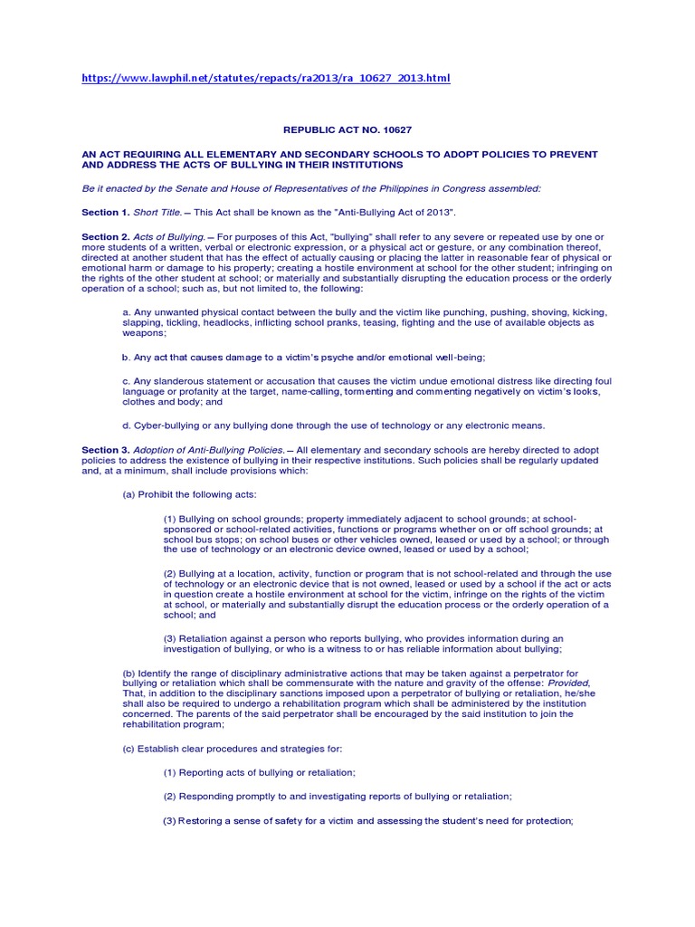 Republic Act No. 10627 | PDF | Bullying | Cyberbullying