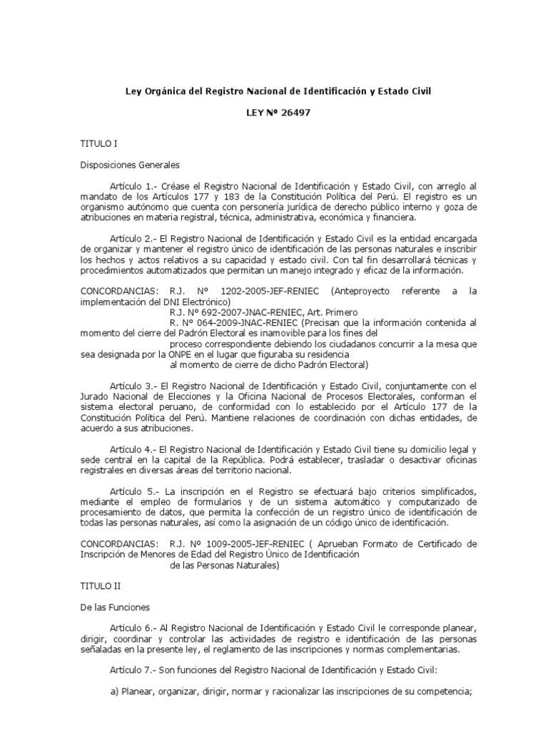 Ley 26497 Ley Organica Del Reniec PDF | PDF | Presupuesto | Elecciones