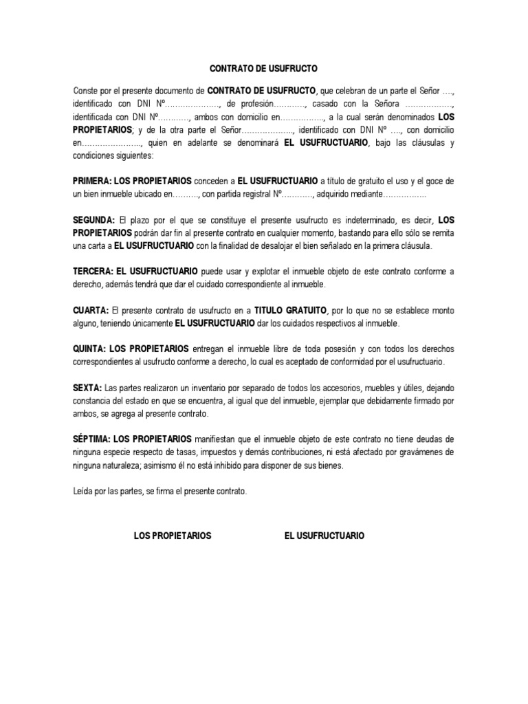 CONTRATO DE USUFRUCTO A Titulo Gratuito PDF