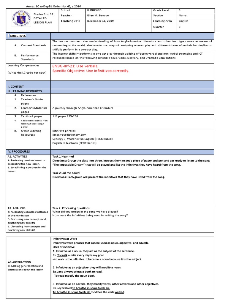 Grade 9 English Lesson Plan on Infinitives | PDF | Adverb | Adjective
