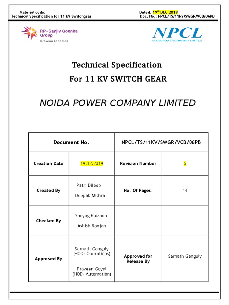 11kV VCB Switchgear Technical Specs | PDF | Scada | Relay
