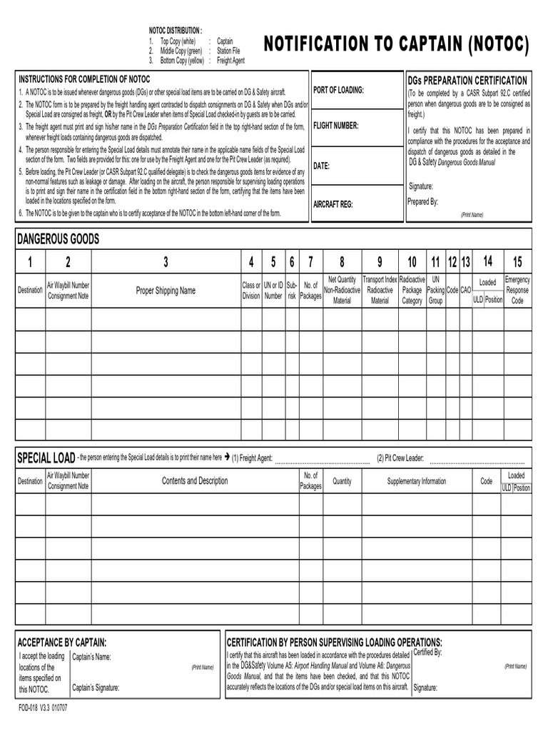 Notoc Dangerous Goods Cargo