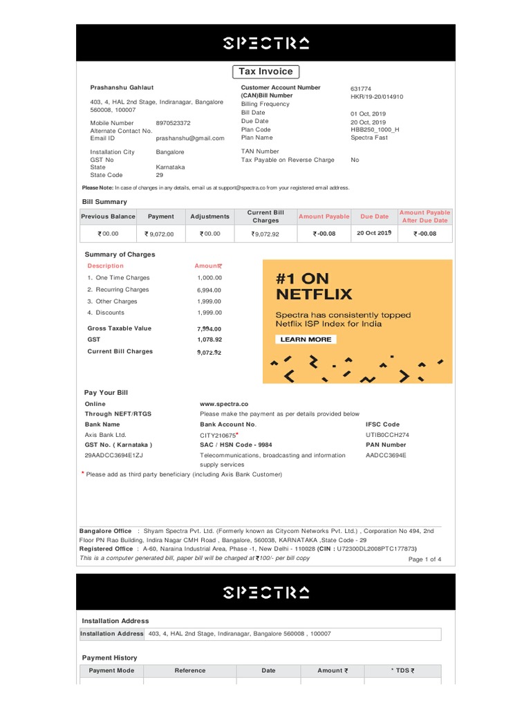Spectra Fast Billing Invoice - Bangalore | PDF | Invoice | Government ...