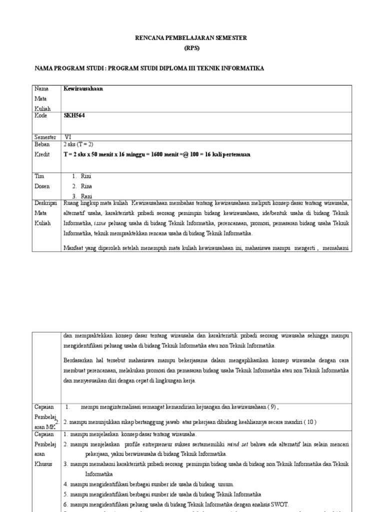 RPS Kewirausahaan | PDF