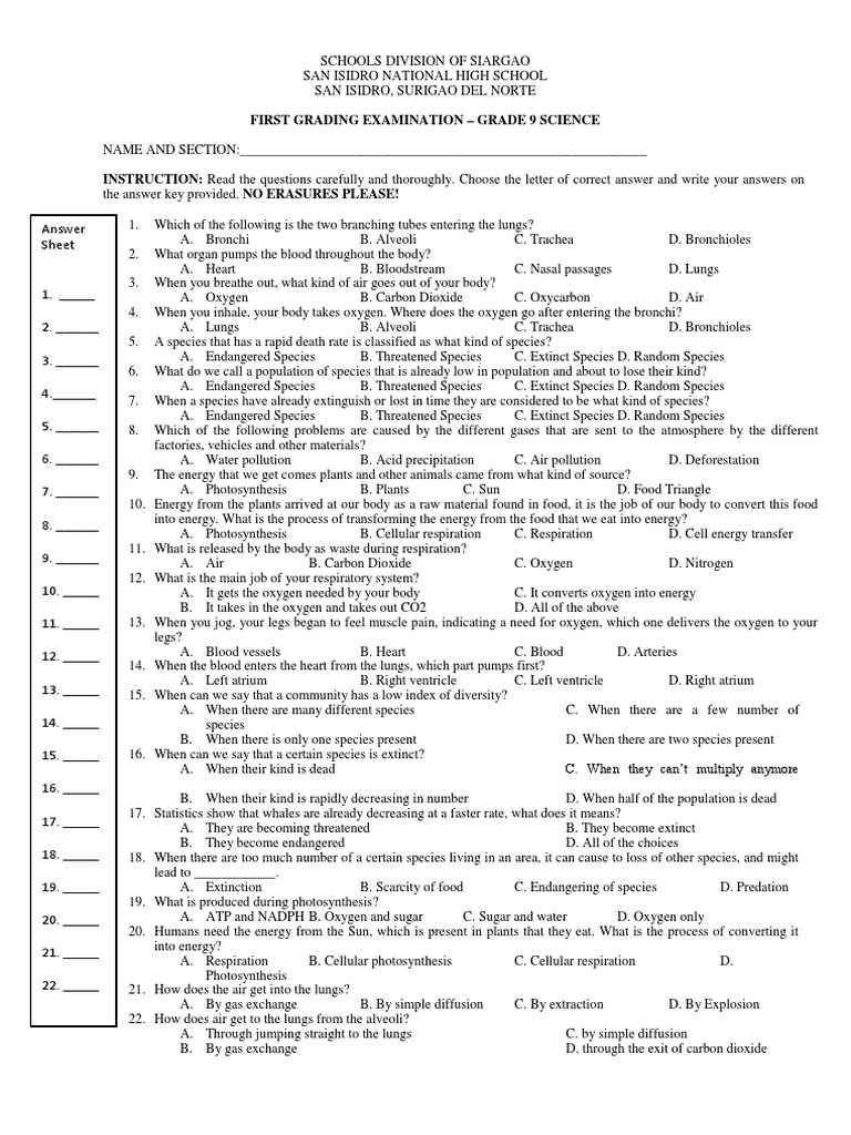 Grade 9 Science First Quarter Exam | PDF | Lung | Photosynthesis