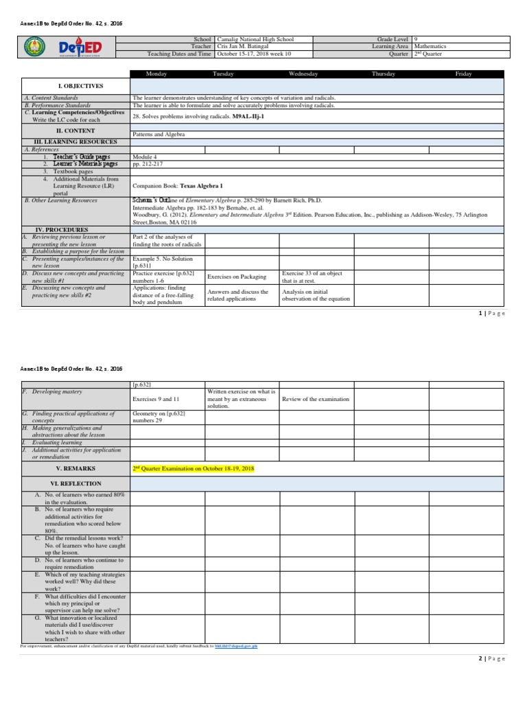 Grade 9 Math: 2nd Quarter Plan | PDF | Algebra | Learning