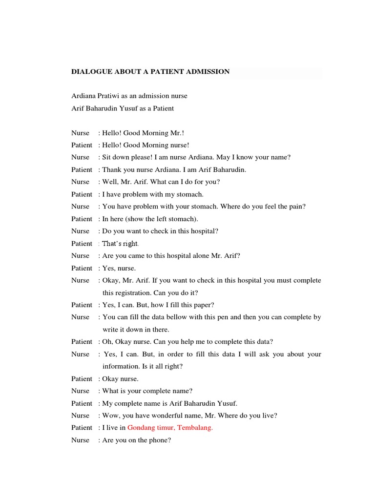 Nurse-Patient Admission Dialogue | PDF | Health Sciences | Medicine