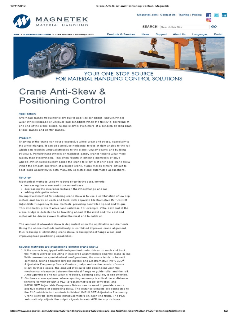 Crane Anti-Skew and Positioning Control - Magnetek, PDF, Crane (Machine)