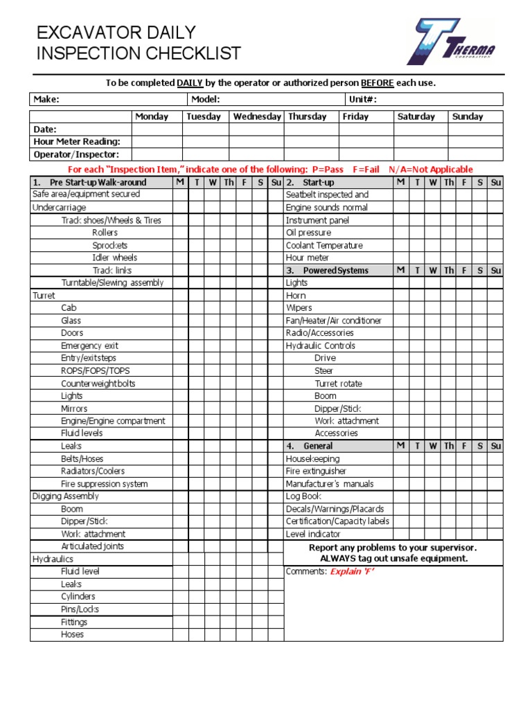 Excavator Daily Inspection Checklist | PDF | Wheeled Vehicles | Vehicles