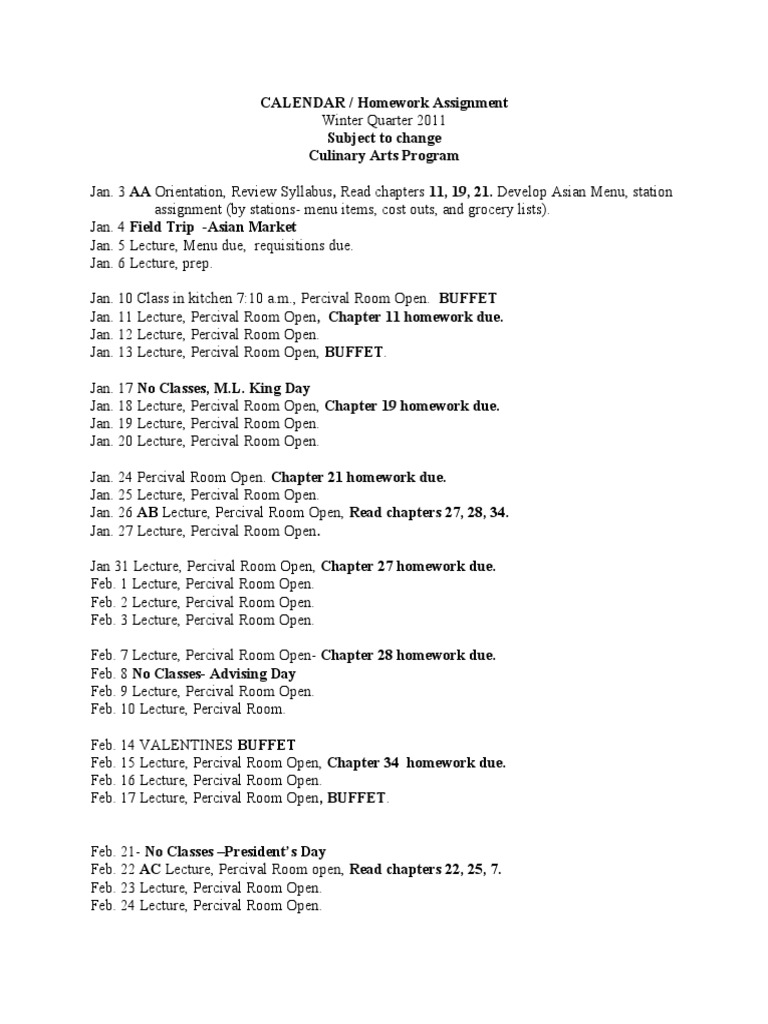 Culinary Arts Winter Schedule | PDF | Lecture | Pedagogy