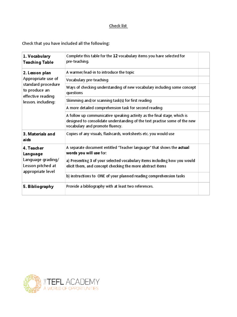 Assignment Checklist for Lesson Planning | PDF | Reading Comprehension ...