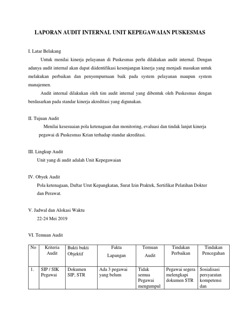 Laporan Audit Internal Unit Kepegawaian Puskesmas