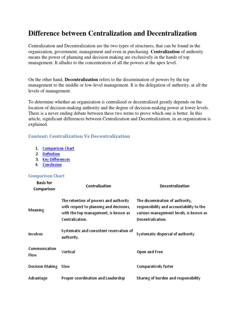 Centralization Vs Decentralization | PDF | Decentralization | Decision ...