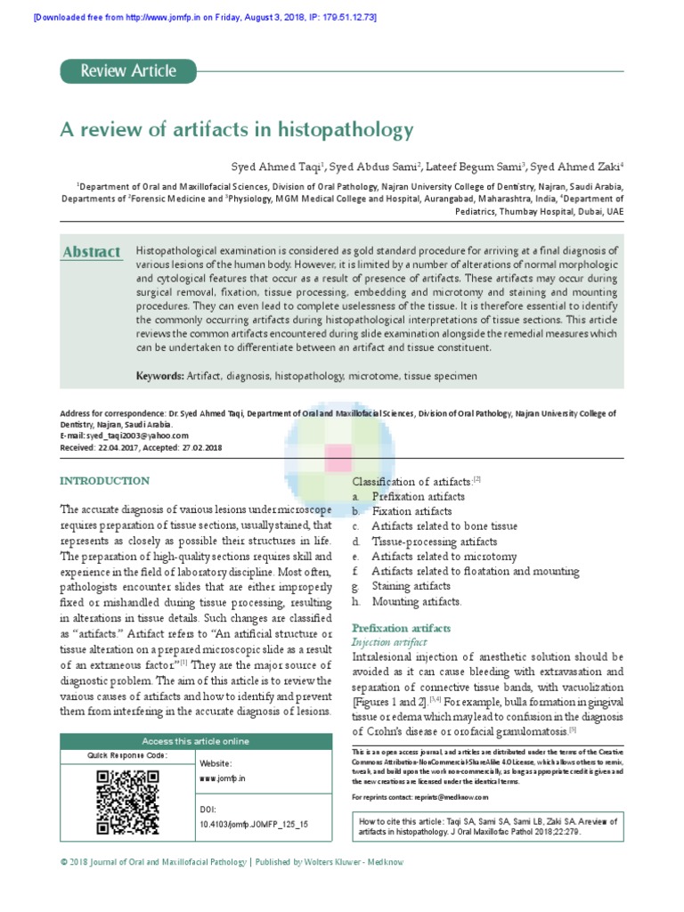 A Review of Artifacts in Histopathology PDF Histopathology