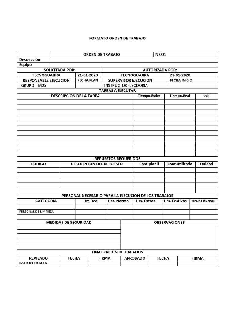 Formato Orden de Trabajo PDF