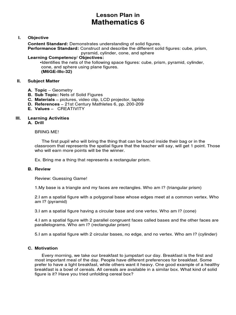 Nets of Solid Figures Lesson Plan | PDF | Rectangle | Geometric Shapes