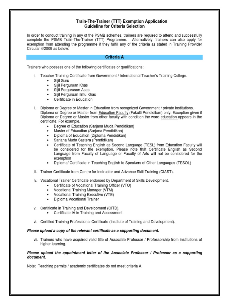 Ttt Exemption Application Guideline For Criteria Selection Pdf Diploma Academic Degree