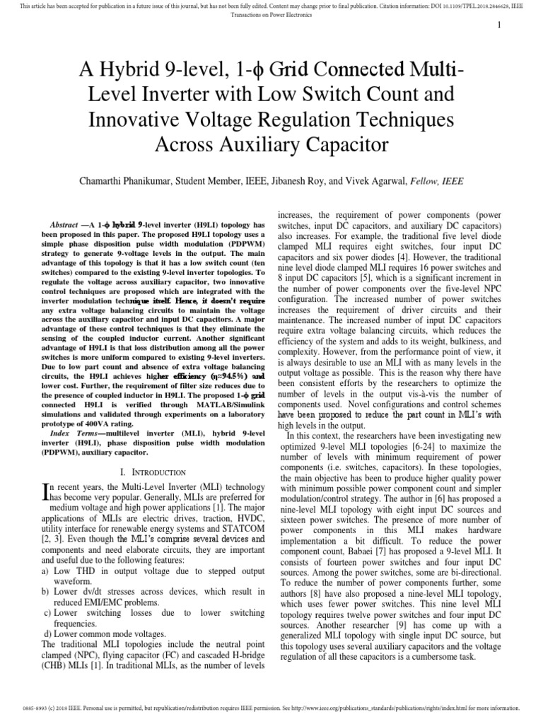 A Hybrid 9-level, 1-ϕ Grid Connected MultiLevel Inverter with Low ...