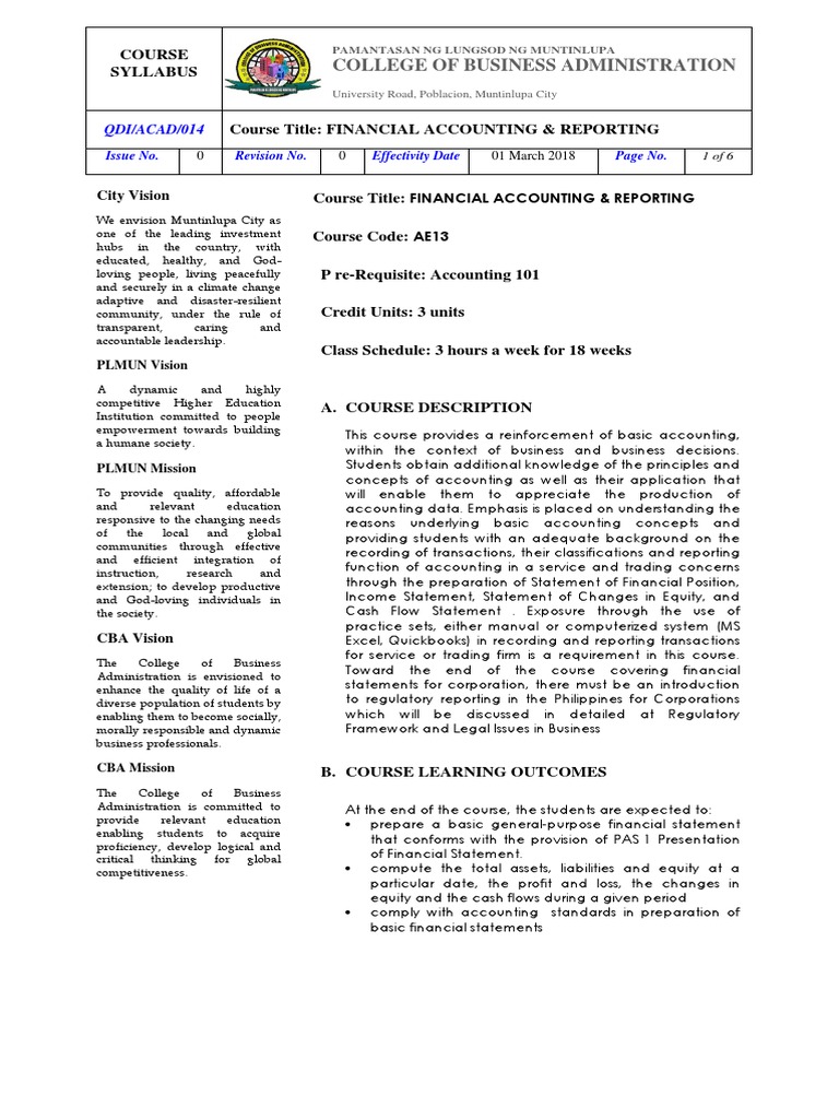 Financial Accounting 1 Syllabus Template 1 PDF Dividend Master Of