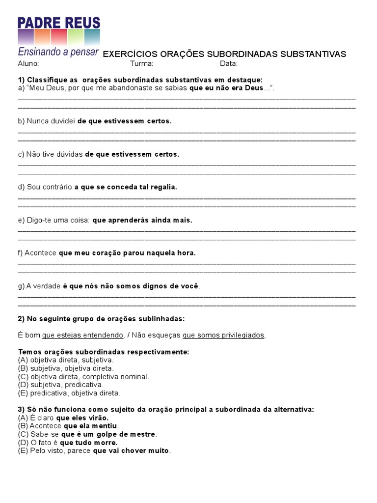 Exercícios de Oração Subordinada Substantiva | PDF