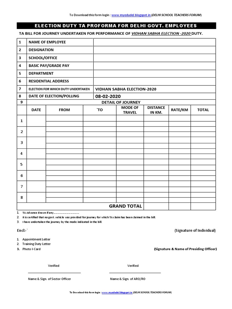 Delhi Election Duty TA Bill Form 2025 | PDF
