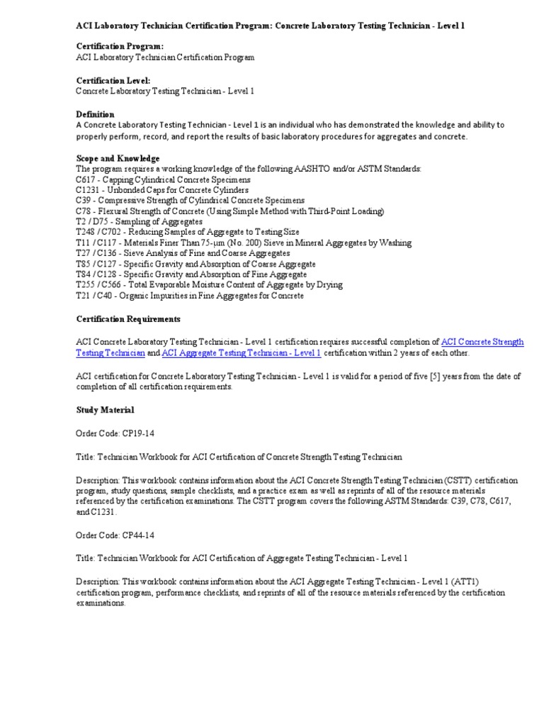 ACI Concrete Laboratory Testing Technician Level 1 PDF Construction Aggregate Concrete