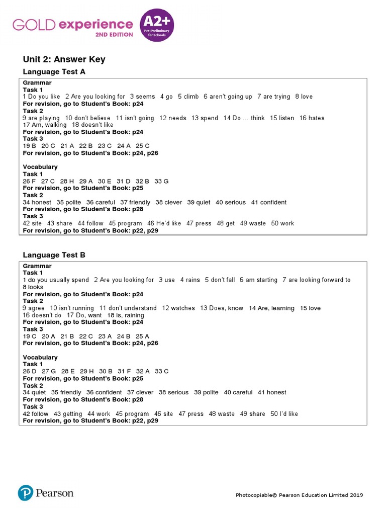 Gold Experience A2+ Unit 2 Answer Key | PDF