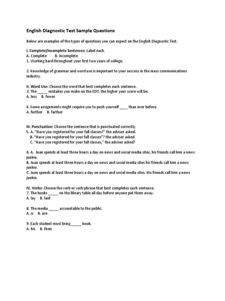 Diagnostic Test Questions PDF English Language Sentence (Linguistics)