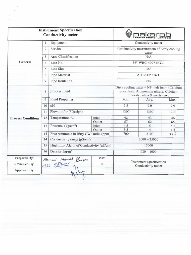 Instrument Specification Conductivity Analyzer PDF | PDF | Electrical ...
