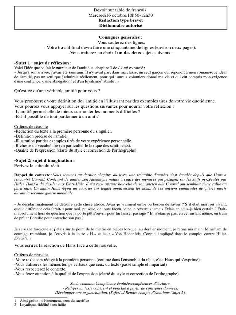 Sujet De Réflexion 3eme Corrigé Pdf Controle Rédaction L'ami Retrouvé | PDF