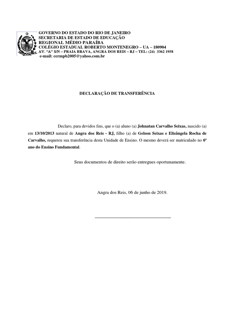 Declaração de Transferência Escolar | PDF