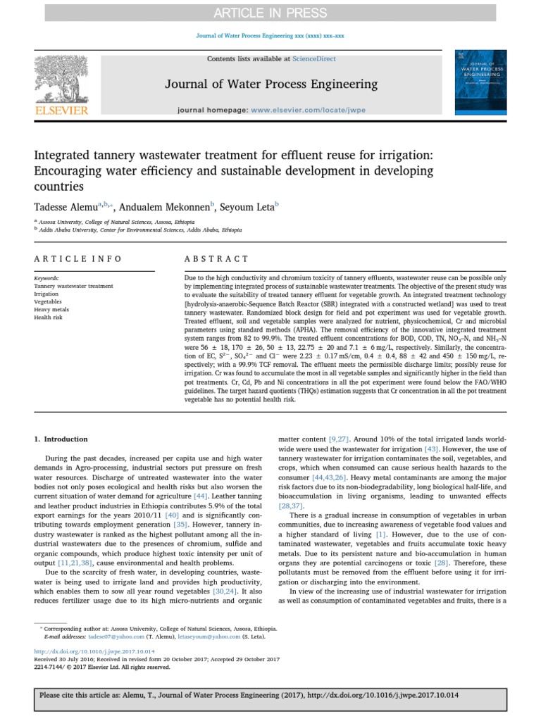 Integrated Tannery Wastewater Treatment For Effluent Reuse For Irrigation Encouraging Water