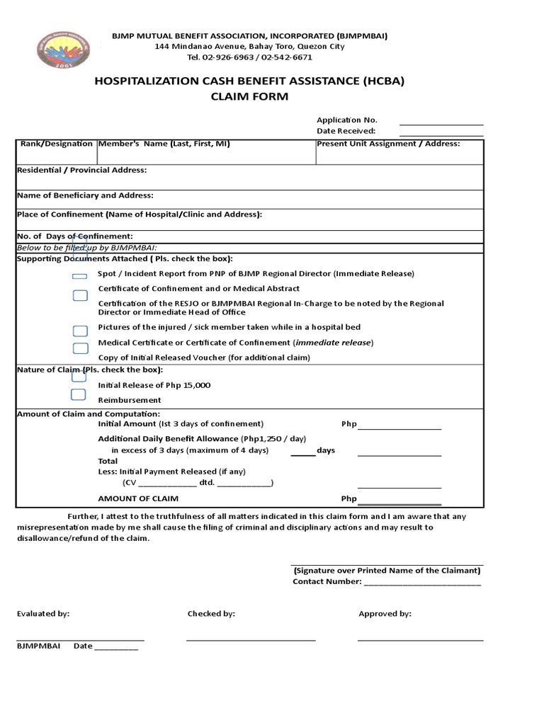 BJMPMBAI Hospitalization Claim Form | PDF | Social Science
