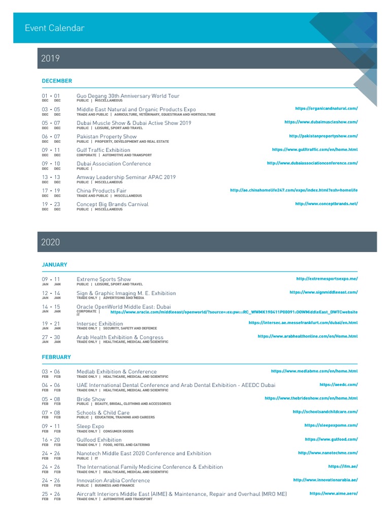2020 DWTC Event Calendar English | Dubai | Economies