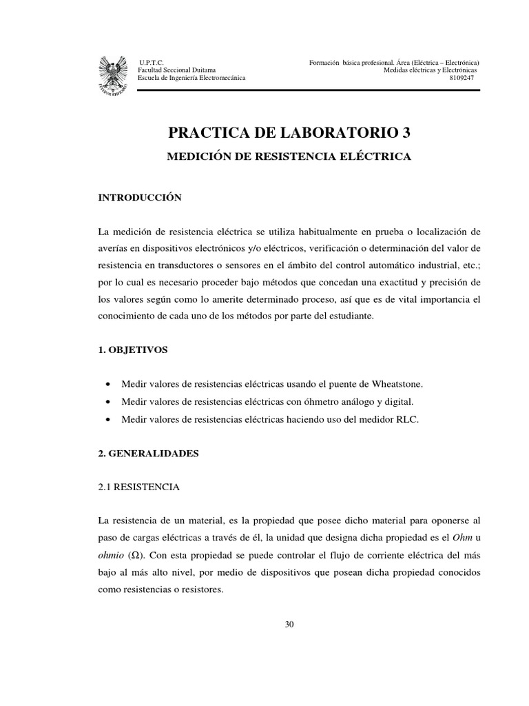 Medición de Resistencia Eléctrica | PDF | Resistencia Eléctrica y ...