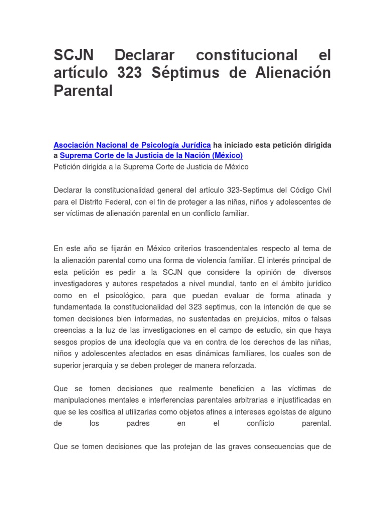 ALIENACION PARENTAL Solicitud A La SCJN para Declarar Constitucional El  Artículo 323 Séptimus Del Código Civil CDMX | PDF | Derechos humanos |  Violencia