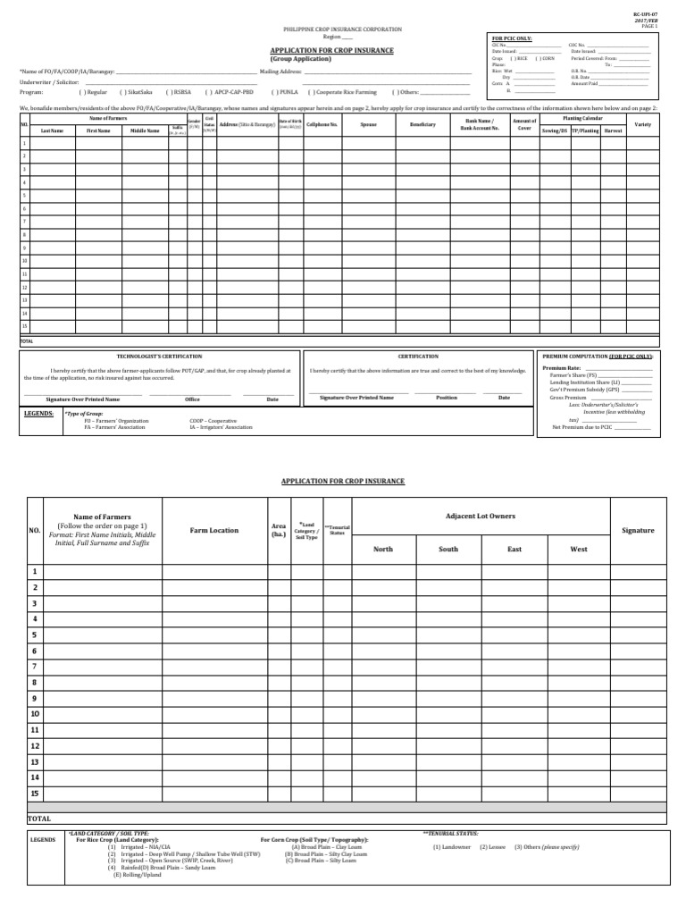 PCIC Crop Insurance Application Form | PDF | Food Industry | Insurance